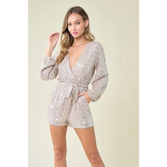 Champagne Sparkling Metallic Sequin Holiday Cocktail Wrap Style Romper - Picture 6 of 8